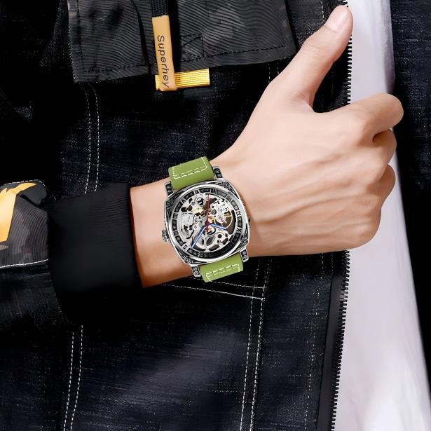 SKMEI Men’s Engraved Skeleton Automatic Mechanical Watch – Premium Leather Strap