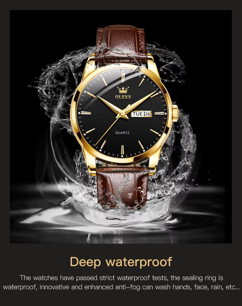 OLEVS Men Watch Leather Strap Classic Dress Large Face Analog Quartz Date&Luminous.