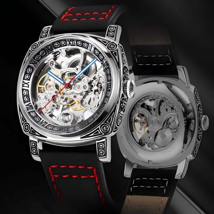 SKMEI Men’s Engraved Skeleton Automatic Mechanical Watch – Premium Leather Strap