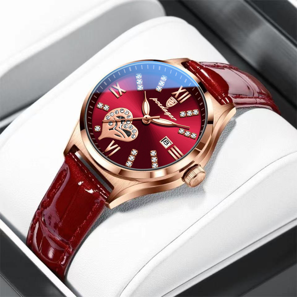 POEDAGAR Luxury Women's Rose Gold Quartz Watch – Elegant Red Leather Strap