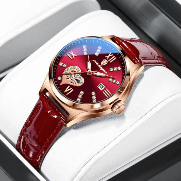 POEDAGAR Luxury Women's Rose Gold Quartz Watch – Elegant Red Leather Strap
