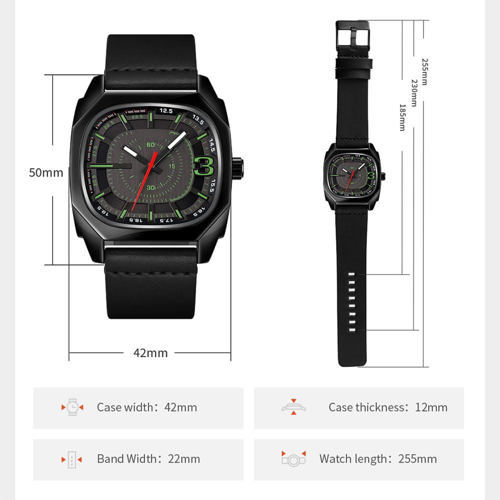 SKMEI Men’s Modern Square Quartz Watch – Matte Black Case with Electric Green Accents & Leather Strap