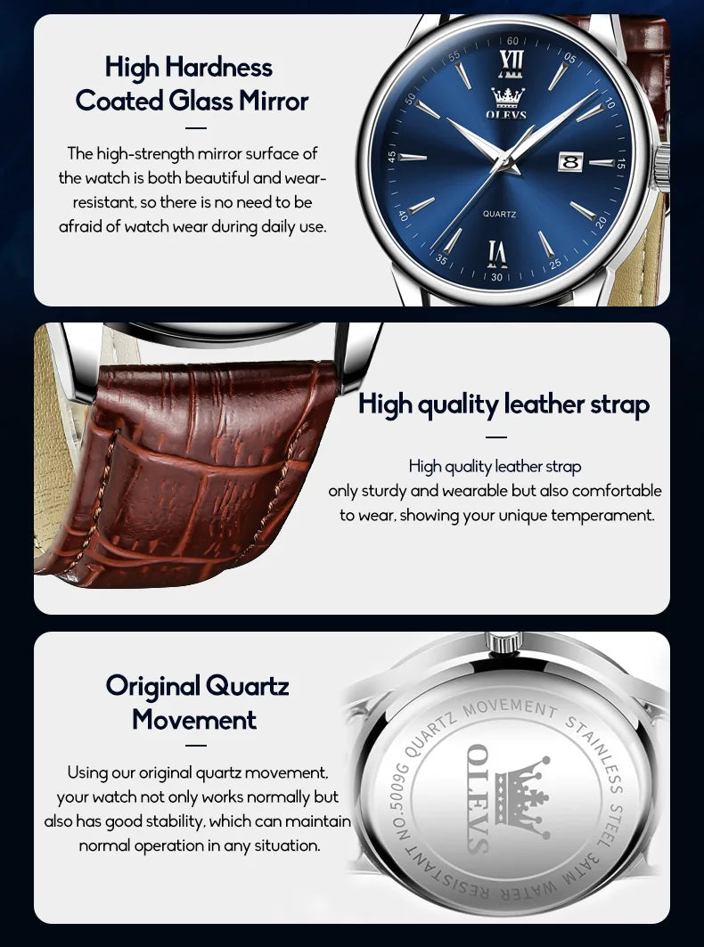 OLEVS Men Watch Leather Strap Classic Dress Large Face Analog Quartz Date&Luminous.