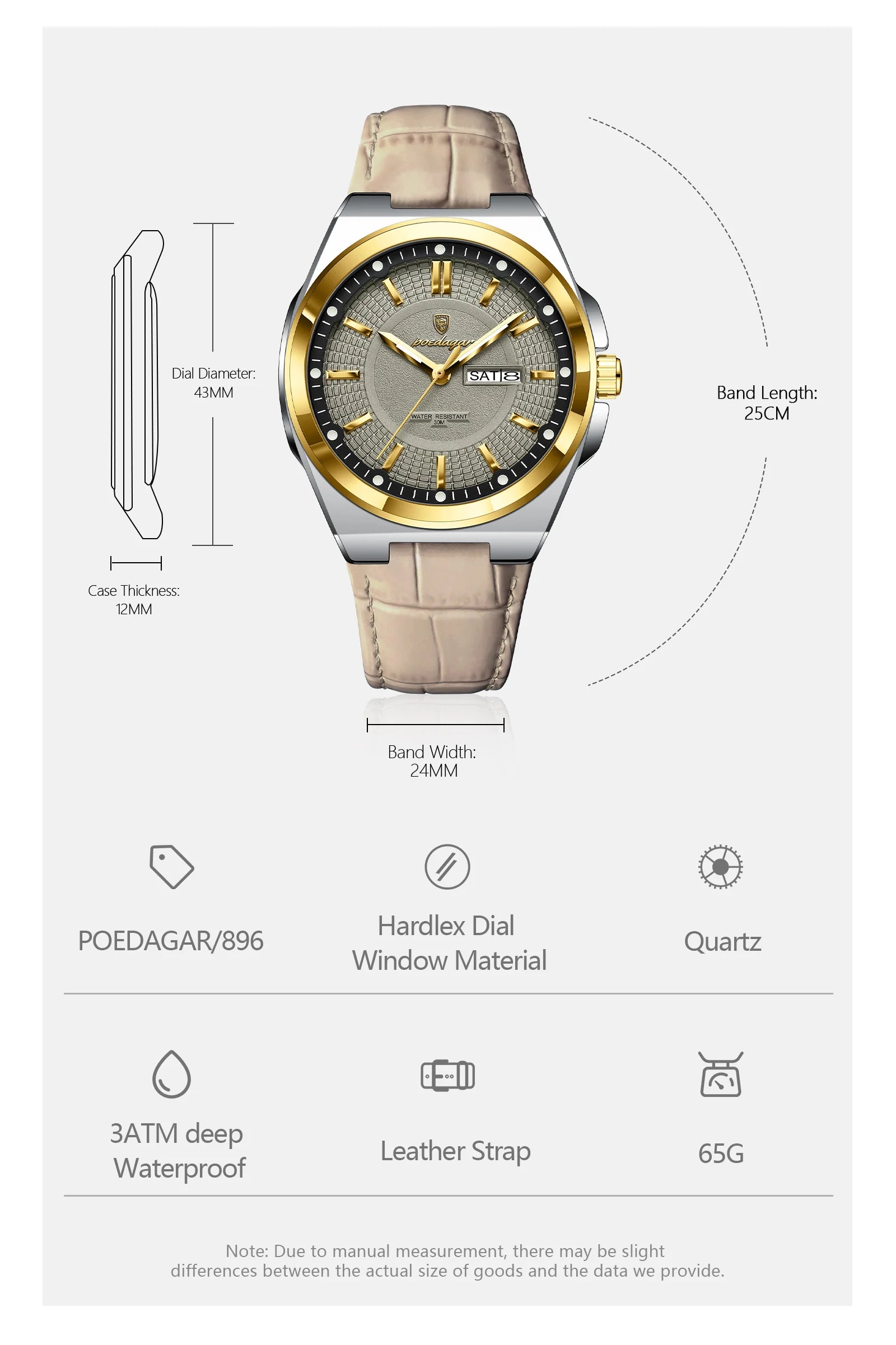 POEDAGAR Wristwatches Top Luxury Waterproof Sport Wrist Watch Quartz Genuine Leather Band