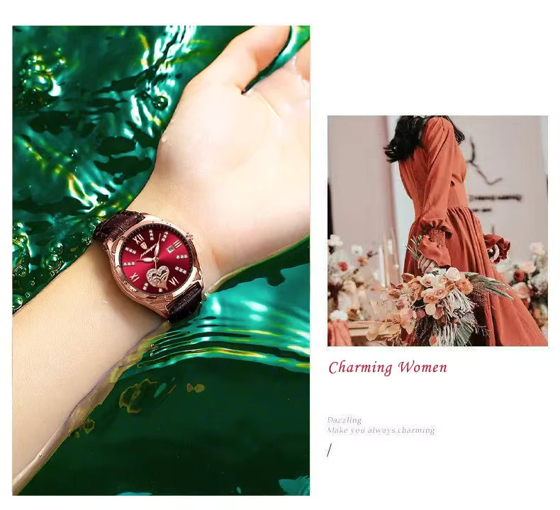 POEDAGAR Luxury Women's Rose Gold Quartz Watch – Elegant Red Leather Strap