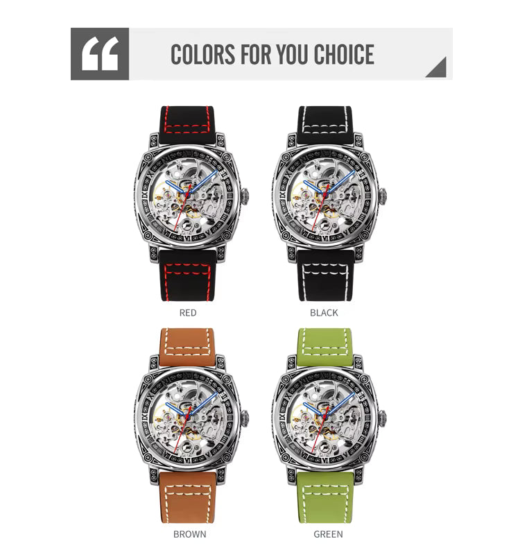 SKMEI Men’s Engraved Skeleton Automatic Mechanical Watch – Premium Leather Strap