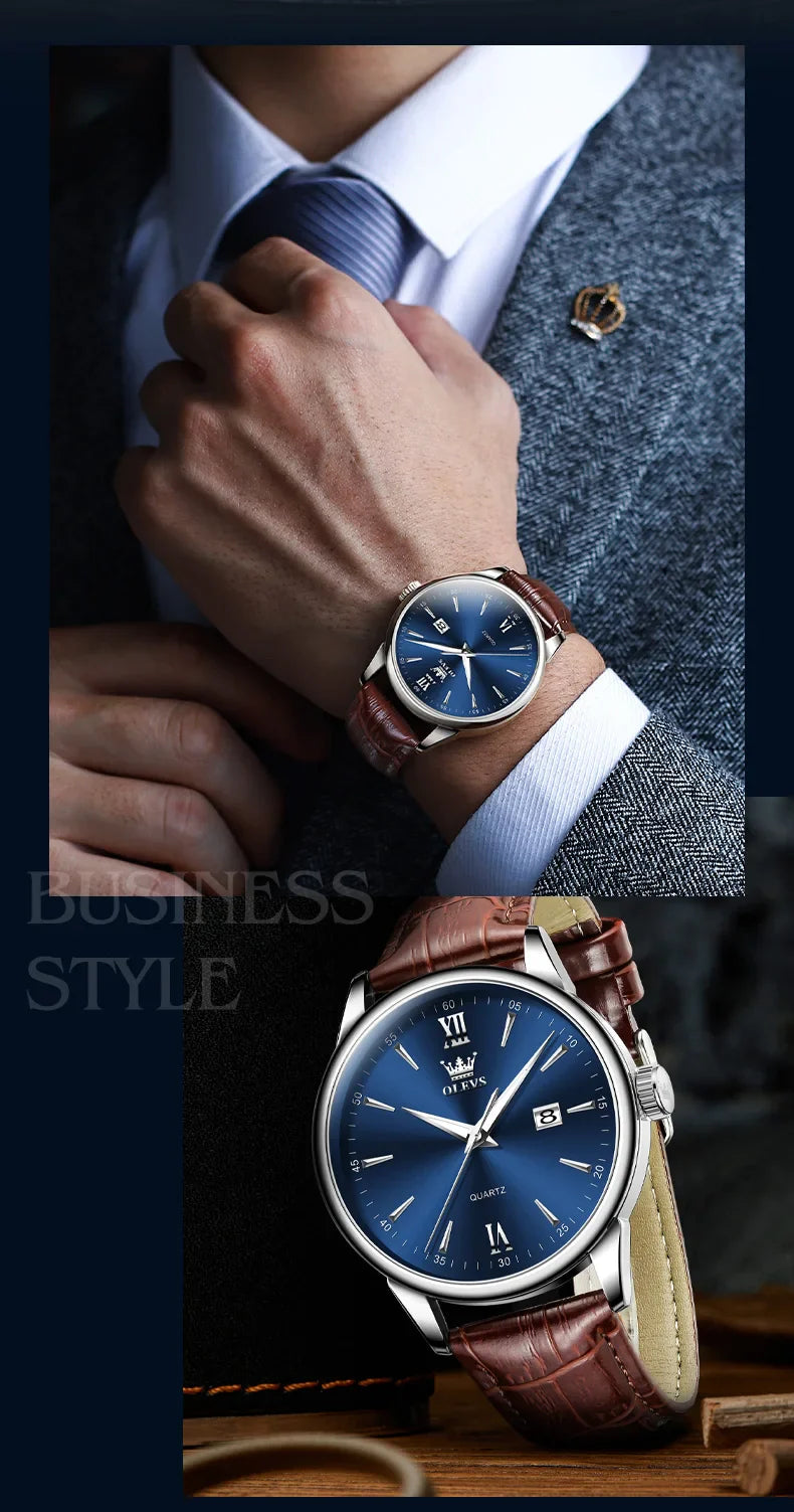 OLEVS Men Watch Leather Strap Classic Dress Large Face Analog Quartz Date&Luminous.